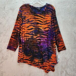 Calessa Tunic Womens Plus 1X Orange Burnout Zebra Top Asymmetrical Hem Artsy